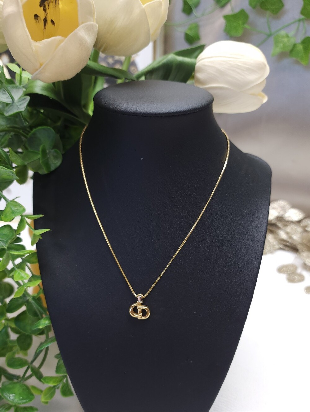 Authentic Christian Dior Vintage Logo Necklace With Rhinestone